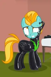 Size: 479x712 | Tagged: episode needed, suggestive, edit, edited screencap, editor:anonymous, screencap, lightning dust, pegasus, pony, /mlp/ latex requests, bondage, bound wings, clothes, cropped, encasement, female, furrowed brow, grin, image, latex, latex suit, liquid latex, looking up, mare, png, shrunken pupils, side view, smiling, solo, solo female, standing, sweat, transformation, uniform, washouts uniform, wings, worried
