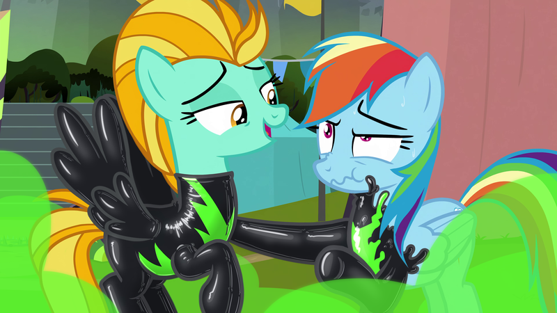 Size: 1920x1080 | Tagged: suggestive, edit, edited screencap, editor:anonymous, screencap, lightning dust, rainbow dash, pegasus, pony, season 8, the washouts (episode), /mlp/ latex requests, bedroom eyes, bondage, clothes, duo, encasement, female, folded wings, furrowed brow, hoof on chest, image, latex, latex suit, liquid latex, looking at someone, looking up, mare, nose wrinkle, outdoors, png, raised hoof, scrunchy face, shrunken pupils, spread wings, sweat, transformation, uniform, washouts uniform, wings