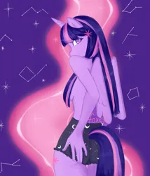 Size: 3000x3500 | Tagged: suggestive, artist:foxey9, derpibooru import, twilight sparkle, twilight sparkle (alicorn), alicorn, anthro, bloomers, breasts, butt touch, clothes, constellation, female, hand on butt, image, jpeg, partial nudity, sideboob, solo, solo female, strategically covered, thigh gap, topless