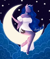 Size: 3000x3500 | Tagged: safe, artist:foxey9, derpibooru import, princess luna, alicorn, anthro, unguligrade anthro, choker, clothes, cloud, crescent moon, crown, dress, eyes closed, female, image, jewelry, jpeg, moon, night, regalia, simple background, solo, stars, tangible heavenly object, transparent background