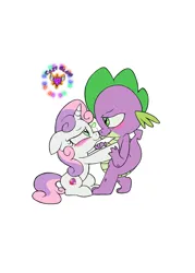 Size: 914x1280 | Tagged: safe, artist:real end, derpibooru import, spike, sweetie belle, dragon, pony, unicorn, duo, female, floating heart, heart, image, kissing, male, png, shipping, simple background, spikebelle, straight, white background