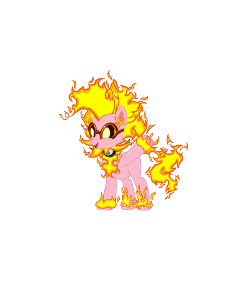 Size: 960x1152 | Tagged: safe, artist:real end, derpibooru import, pinkie pie, pony, black sclera, ear fluff of fire, fire, flaming hooves, goggles, image, leaf, mane of fire, plants vs zombies, png, pvz heroes, simple background, smiling, solar flare (pvz), solo, superhero, tail, tail of fire, transparent background, waving