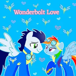 Size: 1400x1400 | Tagged: safe, artist:mlplary6, derpibooru import, rainbow dash, soarin', pegasus, pony, boyfriend and girlfriend, clothes, female, image, jpeg, looking at each other, looking at someone, love, male, mare, shipping, smiling, smiling at each other, soarindash, stallion, straight, text, uniform, wonderbolts uniform