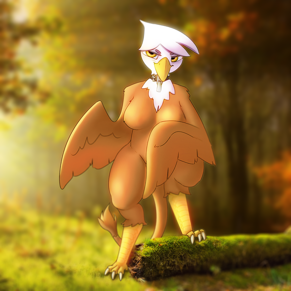 Size: 2048x2048 | Tagged: suggestive, artist:ragingpacifist, artist:s410, derpibooru import, gilda, anthro, harpy, monster pony, original species, breasts, collar, female, forest, image, moss, png, solo, solo female, strategically covered, tree