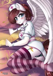 Size: 1414x2000 | Tagged: suggestive, artist:lifejoyart, ponerpics import, oc, unofficial characters only, anthro, breasts, clothes, female, image, jpeg, looking at you, nurse outfit, socks