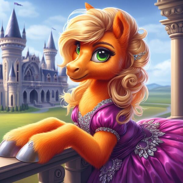 Size: 1024x1024 | Tagged: safe, machine learning generated, ponerpics import, ponybooru import, applejack, earth pony, pony, ai content, alternate hairstyle, applejack also dresses in style, bing, castle, clothes, dress, female, image, jpeg, looking at you, mare, missing accessory, purple dress, semi-realistic, solo, unshorn fetlocks