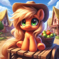 Size: 1024x1024 | Tagged: safe, machine learning generated, ponerpics import, ponybooru import, applejack, earth pony, pony, ai content, apple, apple cart, applejack's hat, bing, clothes, cowboy hat, female, filly, filly applejack, fluffy, foal, food, hat, image, jpeg, ponyville, sitting, smiling, solo, younger