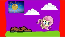Size: 1080x612 | Tagged: safe, derpibooru import, edit, fluttershy, pegasus, pony, my little pony: pony life, clothes, image, jpeg, purple background, shoes, simple background, theater