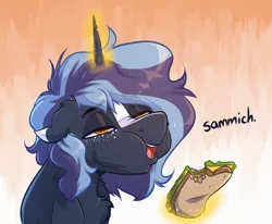 Size: 2514x2069 | Tagged: safe, artist:witchtaunter, derpibooru import, oc, oc:witching hour, pony, unicorn, ear fluff, eating, faic, floppy ears, food, image, png, sandwich