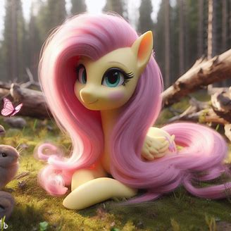 Size: 328x328 | Tagged: safe, derpibooru import, machine learning generated, fluttershy, butterfly, insect, pegasus, pony, rabbit, 3d, ai content, animal, cute, generator:bing image creator, grass, grass field, image, jpeg, log, prompter:jrshinkansenhorse, shyabetes, tree