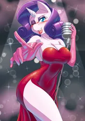 Size: 3541x5016 | Tagged: safe, artist:the-unicorn-lord, derpibooru import, rarity, anthro, unicorn, big breasts, breasts, busty rarity, cleavage, clothes, cosplay, costume, dress, evening gloves, female, gloves, image, jessica rabbit, lipstick, long gloves, looking at you, microphone, one eye closed, open mouth, png, pointing at you, shoulderless, side slit, smiling, smiling at you, solo, wink, winking at you