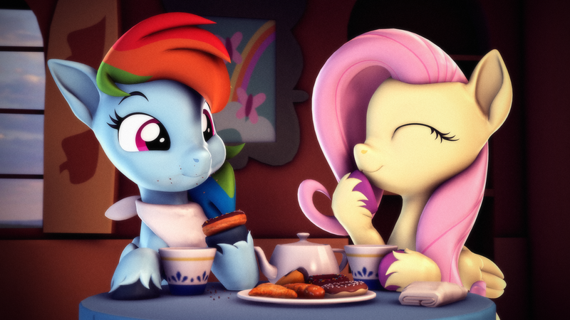 Size: 3840x2160 | Tagged: safe, artist:psfmer, derpibooru import, fluttershy, rainbow dash, pegasus, pony, 3d, crumbs, cup, donut, eyes closed, female, fluttershy's cottage, food, hoof hold, image, mare, png, ponytober, revamped ponies, source filmmaker, tea, tea party, teacup, teapot, unshorn fetlocks