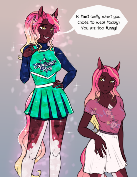 Size: 2338x3008 | Tagged: safe, artist:askbubblelee, derpibooru import, oc, oc:destiny reins, unofficial characters only, anthro, crystal pony, pony, unguligrade anthro, anthro oc, breasts, cheerleader, cheerleader outfit, clothes, crystal pony oc, dialogue, female, gradient background, image, mare, png, redesign, shirt, skirt, smiling, solo, teenager