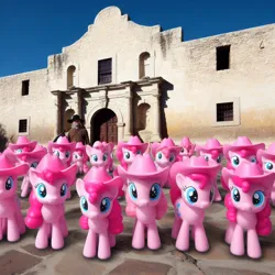 Size: 1024x1024 | Tagged: safe, derpibooru import, machine learning generated, pinkie pie, ai content, alamo, clone, cowboy, cowboy hat, generator:bing image creator, hat, image, jpeg, pinkie army, pinkie clone, prompter:jrshinkansenhorse, san antonio, the alamo, this will not end well