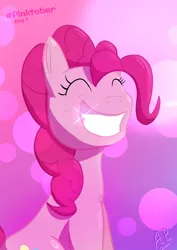 Size: 1240x1754 | Tagged: safe, artist:ace play, derpibooru import, pinkie pie, earth pony, pony, bust, eyes closed, female, grin, happy, image, jpeg, mare, sitting, smiling, solo, sparkling smile