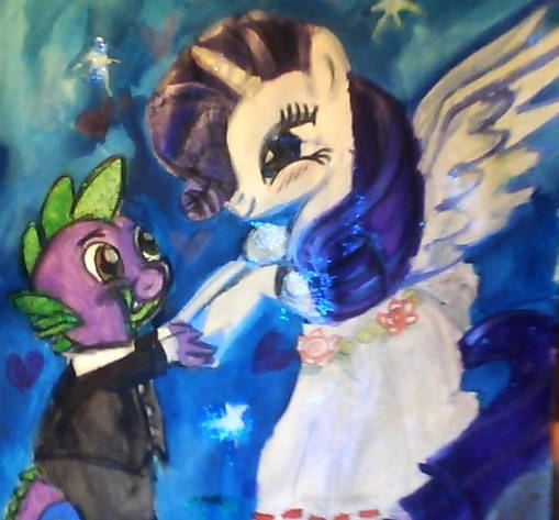 Size: 509x473 | Tagged: safe, artist:mistresscarrie, derpibooru import, rarity, spike, alicorn, dragon, pony, unicorn, alicornified, clothes, dancing, dress, duo, eyelashes, female, grin, holding hooves, image, jpeg, looking at each other, looking at someone, male, night, princess rarity, race swap, raricorn, shipping, smiling, smiling at each other, sparity, starry night, straight, suit, wings