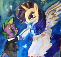 Size: 509x473 | Tagged: safe, artist:mistresscarrie, derpibooru import, rarity, spike, alicorn, dragon, pony, unicorn, alicornified, clothes, dancing, dress, duo, eyelashes, female, grin, holding hooves, image, jpeg, looking at each other, looking at someone, male, night, princess rarity, race swap, raricorn, shipping, smiling, smiling at each other, sparity, starry night, straight, suit, wings