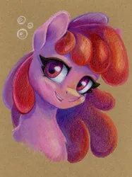 Size: 898x1200 | Tagged: safe, artist:maytee, derpibooru import, berry punch, berryshine, earth pony, pony, bust, colored pencil drawing, image, png, portrait, smiling, solo, traditional art