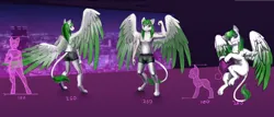 Size: 6200x2657 | Tagged: safe, artist:dalagar, derpibooru import, oc, oc:mint wellington, unofficial characters only, anthro, sphinx, boxers, clothes, colored wings, high res, image, large wings, leonine tail, paws, png, reference sheet, size comparison, smiling, sphinx oc, spread wings, tail, two toned wings, underwear, wings, yarn, yarn ball