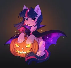 Size: 2048x1969 | Tagged: safe, artist:tyutya_loh123, derpibooru import, twilight sparkle, pony, unicorn, cape, clothes, costume, cute, ear fluff, eyebrows, eyebrows visible through hair, fangs, female, g4, halloween, halloween costume, high res, holiday, hoof fluff, horn, image, jack-o-lantern, jpeg, looking at you, mare, open mouth, pumpkin, signature, sitting, solo, sparkles, twiabetes, unicorn twilight