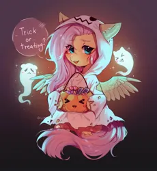 Size: 1884x2048 | Tagged: safe, artist:tyutya_loh123, derpibooru import, fluttershy, ghost, pegasus, pony, undead, candy, clothes, costume, cute, eye clipping through hair, eyebrows, female, flutterghost, food, g4, ghost costume, halloween, halloween costume, holiday, image, jpeg, looking at you, mare, open mouth, pumpkin, pumpkin bucket, shyabetes, signature, sitting, solo, sparkles, speech bubble, spread wings, trick or treat, wings