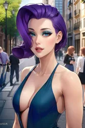 Size: 1024x1536 | Tagged: safe, derpibooru import, editor:sammykun, machine learning generated, rarity, human, absolute cleavage, ai content, barcelona, breasts, building, busty rarity, city, cleavage, clothes, dress, eyeshadow, female, female focus, humanized, image, looking at you, makeup, png, prompter:sammykun, short hair, sleeveless, sleeveless dress, solo, solo focus, street, tree