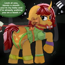 Size: 4000x4000 | Tagged: suggestive, artist:spiroudada, derpibooru import, oc, unofficial characters only, pony, unicorn, adult foal, blushing, bondage, booties, bow, clothes, collar, crossdressing, cuffs, diaper, diaper bondage, diaper fetish, dress, fetish, halloween, handcuffed, holiday, image, jack-o-lantern, lantern, leash, male, mittens, night, non-baby in diaper, pacifier, pacifier gag, pet play, png, pumpkin, solo, spreader bar, stallion, watch