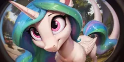 Size: 1024x512 | Tagged: safe, derpibooru import, machine learning generated, princess celestia, alicorn, pony, ai content, fisheye lens, g4, image, jpeg, looking at you, smiling, solo