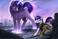 Size: 720x480 | Tagged: safe, derpibooru import, editor:primortal, machine learning assisted, machine learning generated, novelai, stable diffusion, twilight sparkle, twilight sparkle (alicorn), oc, alicorn, pony, unicorn, fallout equestria, ai content, artificial alicorn, blushing, butt, clone, clothed male, clothes, dusk shine, ethereal mane, ethereal tail, female, image, larger female, male, mother and child, mother and son, non-canon, paint.net, photoshop, plot, png, rule 63, size difference, smaller male, somber smile, tail, technically rule 63, torn clothes, ultimate twilight, wasteland