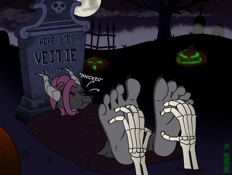 Size: 1264x955 | Tagged: safe, artist:irkingir, derpibooru import, oc, oc:veitie, anthro, dragon, anthro oc, bone, buried, dragoness, eyeliner, feet, female, fetish, foot focus, gravestone, graveyard, halloween, hand, holiday, image, jack-o-lantern, makeup, metalhead, nose piercing, piercing, png, pumpkin, skeleton, tickle fetish, tickle torture, tickling, toes