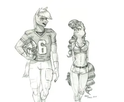 Size: 1400x1153 | Tagged: safe, artist:baron engel, derpibooru import, big macintosh, sugar belle, anthro, earth pony, unicorn, breasts, cleavage, female, football helmet, helmet, image, jpeg, male, midriff, monochrome, pencil drawing, shipping, simple background, straight, sugarmac, traditional art, white background