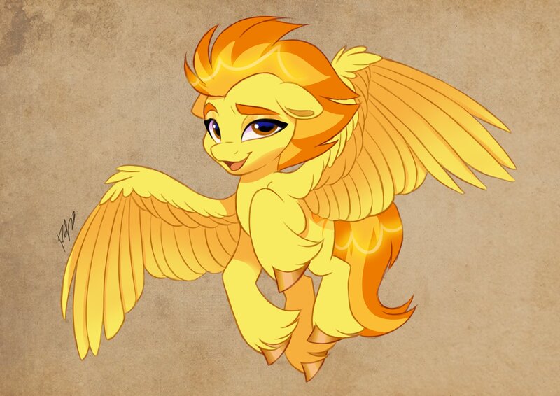 Size: 4096x2896 | Tagged: safe, artist:artharuhi, derpibooru import, spitfire, pegasus, pony, female, image, jpeg, looking at you, open mouth, open smile, simple background, smiling, solo, spread wings, thick eyebrows, unshorn fetlocks, wings