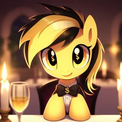 Size: 1024x1024 | Tagged: safe, machine learning generated, ponerpics import, oc, oc:leslie fair, earth pony, ai content, alcohol, alternate hairstyle, blurry background, bowtie, candle, candlelight, candlelight dinner, clothes, cute, date, dinner, dollar sign, dollar sign eyes, generator:bing image creator, glass, hooves on the table, image, jpeg, looking at you, offscreen character, pov, smiling, smiling at you, solo, suit, wine, wine glass, wingding eyes