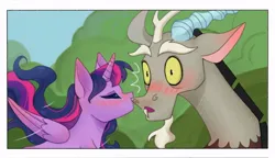 Size: 720x416 | Tagged: safe, artist:daffolyn, derpibooru import, discord, twilight sparkle, twilight sparkle (alicorn), alicorn, comic:discordant intentions, the ending of the end, antlers, blushing, close-up, discolight, female, flowing hair, friendshipping, horn, image, jpeg, male, outdoors, platonic kiss, shipping, shocked, shocked expression, straight
