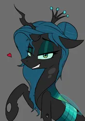 Size: 1239x1760 | Tagged: safe, artist:pinkberry, derpibooru import, queen chrysalis, changeling, changeling queen, alternate hairstyle, bust, female, heart, image, png, smiling, smirk, solo
