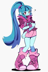 Size: 1360x2048 | Tagged: safe, artist:arrcticc_fish, derpibooru import, sonata dusk, equestria girls, boots, bracelet, clothes, coat, cute, female, gem, image, jpeg, question mark, shoes, simple background, siren gem, skirt, socks, solo, sonatabetes, spiked wristband, white background, wristband