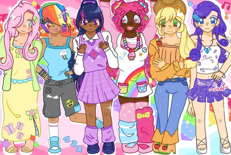 Size: 1498x1010 | Tagged: safe, artist:toyjadezie, derpibooru import, applejack, fluttershy, pinkie pie, rainbow dash, rarity, twilight sparkle, human, :d, alternate hairstyle, applejack's hat, awesome face, belly button, belt, bone, boots, bracelet, cardigan, clothes, converse, cowboy boots, cowboy hat, dark skin, denim, dress, ear piercing, earring, eyeshadow, fangs, feet, female, freckles, hair over one eye, hairclip, hat, heart, heart eyes, high heels, humanized, image, jeans, jewelry, jpeg, leg warmers, makeup, mane six, midriff, music notes, necklace, onomatopoeia, open mouth, open smile, pants, piercing, sandals, shoes, skirt, smiling, socks, sound effects, starry eyes, stars, sweater vest, tanktop, tube top, wingding eyes, zzz