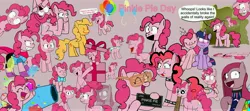 Size: 8886x3956 | Tagged: safe, derpibooru import, pinkie pie, twilight sparkle, earth pony, pony, :3, balloon, candy, choker, clothes, cutie mark dress, dress, female, flattened, food, image, jpeg, kit-kat, lesbian, party cannon, partygoer, pink background, pinkamena diane pie, scarf, shipping, simple background, speech bubble, spiked choker, the backrooms, twinkie