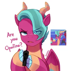 Size: 2476x2578 | Tagged: safe, artist:maren, derpibooru import, dragon, g5, my little pony: tell your tale, spoiler:g5, spoiler:my little pony: tell your tale, spoiler:tyts01e62, blaize skysong, delet this, gun, image, implied opaline arcana, incoming karma, lavarynth, looking at you, png, screencap reference, simple background, this will end in death, this will end in karma, weapon, white background
