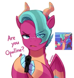 Size: 2476x2578 | Tagged: safe, artist:maren, derpibooru import, screencap, dragon, g5, my little pony: tell your tale, spoiler:g5, spoiler:my little pony: tell your tale, spoiler:tyts01e62, blaize skysong, delet this, gun, image, implied opaline arcana, incoming karma, lavarynth, looking at you, png, screencap reference, simple background, this will end in death, this will end in karma, weapon, white background