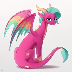 Size: 2000x2000 | Tagged: safe, artist:luminousdazzle, derpibooru import, dragon, g5, blaize skysong, blue eyes, colored wings, cute, dragoness, female, freckles, horns, image, looking at you, multicolored wings, png, simple background, sitting, smiling, solo, spikes, wings