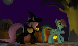 Size: 2390x1417 | Tagged: safe, artist:xafilah, derpibooru import, fluttershy, rainbow dash, pegasus, pony, 3d, cleaver, gmod, halloween, hat, holiday, image, jack-o-lantern, moon, night, png, pumpkin, witch costume, witch hat