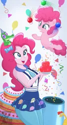 Size: 2100x3902 | Tagged: safe, artist:theretroart88, derpibooru import, gummy, pinkie pie, alligator, earth pony, human, pony, equestria girls, friendship games, cake, confetti, female, filly, filly pinkie pie, food, grin, human ponidox, image, jello, juggling, open mouth, open smile, party cannon, png, rubber chicken, self paradox, self ponidox, smiling, younger