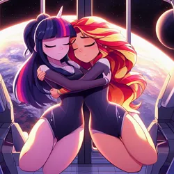Size: 1024x1024 | Tagged: safe, ai content, derpibooru import, machine learning generated, sunset shimmer, twilight sparkle, twilight sparkle (alicorn), alicorn, human, equestria girls, clothes, eyes closed, female, floating, horn, horned humanization, hug, humanized, image, jpeg, leotard, lesbian, shipping, space, sunsetsparkle