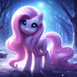 Size: 1024x1024 | Tagged: safe, derpibooru import, machine learning generated, fluttershy, pegasus, pony, ai content, alternate cutie mark, cute, female, folded wings, forest, full moon, generator:dall-e 3, image, jpeg, looking at you, mare, moon, night, outdoors, shyabetes, sky, smiling, solo, standing, tree, wings