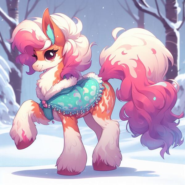 Size: 1024x1024 | Tagged: safe, derpibooru import, machine learning generated, earth pony, pony, ai content, image, jpeg, markings, orange fur, pink eyes, pink mane, raised hoof, saddle, tack, white fur, white mane, winter