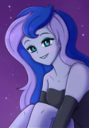 Size: 1400x2000 | Tagged: safe, artist:tanatos, derpibooru import, princess luna, human, equestria girls, adorasexy, anime, bare shoulders, black dress, clothes, cute, dress, evening gloves, female, gloves, image, long gloves, looking at you, lunabetes, png, sexy, simple background, smiling, solo, strapless, vice principal luna