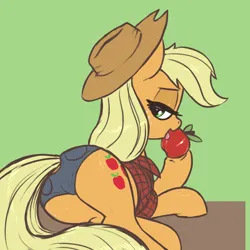 Size: 2300x2300 | Tagged: suggestive, artist:t72b, derpibooru import, applejack, earth pony, pony, apple, applebutt, bedroom eyes, butt, clothes, daisy dukes, eating, female, food, hat, hoof hold, image, licking, looking back, mare, plaid skirt, plot, png, shorts, skirt, suggestive eating, tongue out
