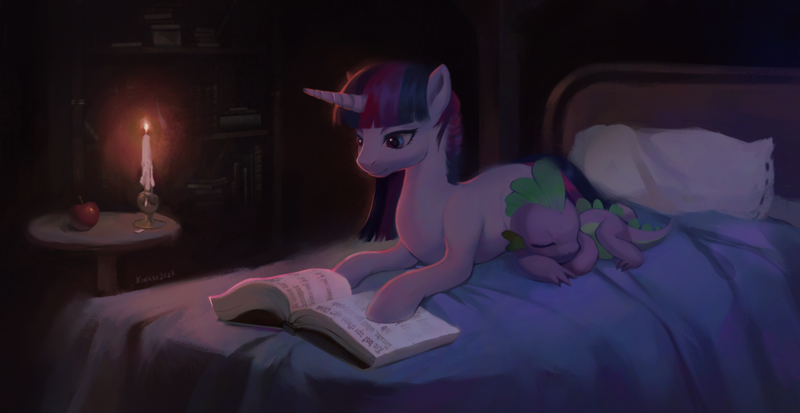 Size: 2672x1379 | Tagged: safe, artist:kinax, derpibooru import, spike, twilight sparkle, dragon, pony, unicorn, apple, bed, book, bookshelf, candle, crepuscular rays, digital art, duo, female, food, g4, high res, horn, image, lying down, male, mare, night, pillow, png, purple eyes, reading, signature, sleeping, smiling, table