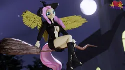 Size: 3840x2160 | Tagged: suggestive, artist:marianokun, derpibooru import, fluttershy, anthro, 3d, advertisement, blender, blender eevee, breasts, broom, commission, female, flying, flying broomstick, hat, image, looking at you, moon, png, solo, spread wings, wings, witch, witch hat, ych result